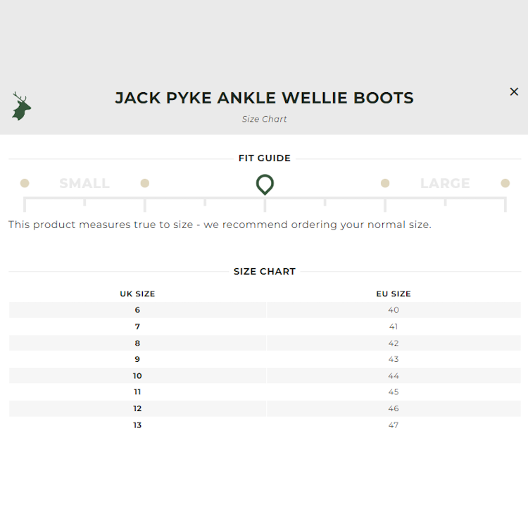 Jack Pyke Ankle Wellie Boots - Size Guide