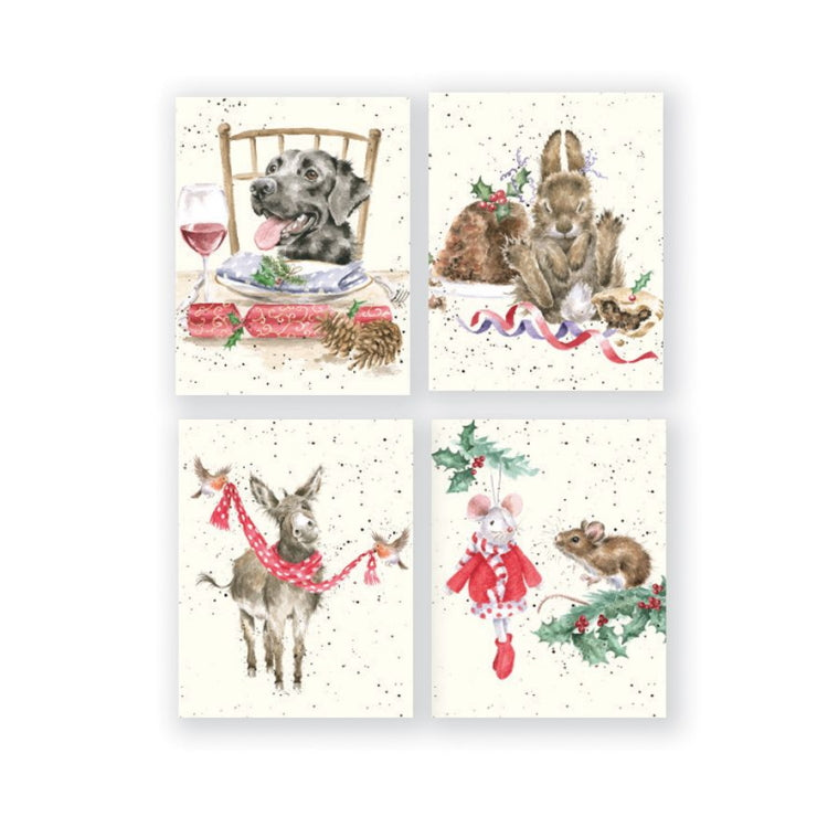 Wrendale Designs Charity Boxed Mini Christmas Cards - Dog Hare Donkey Mouse Box of 16