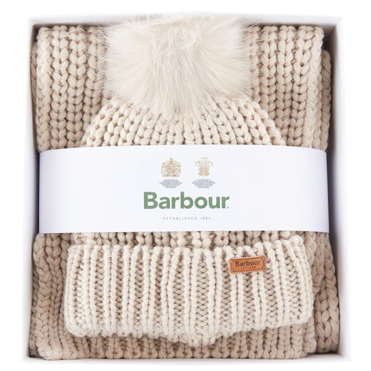 Barbour Ladies Saltburn Beanie and Scarf Set - Pearl