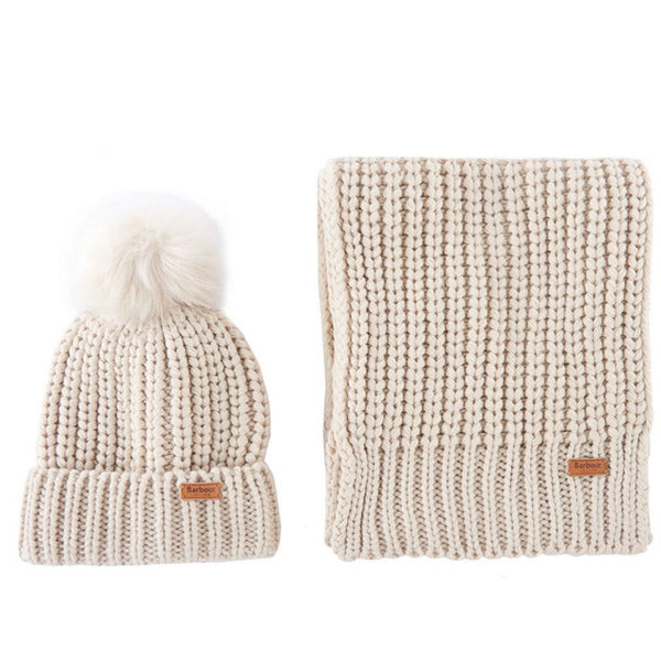 Barbour Ladies Saltburn Beanie and Scarf Set - Pearl