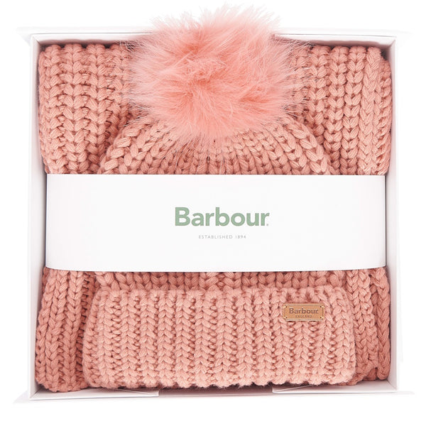 Barbour Ladies Saltburn Beanie and Scarf Set - Pink Rust