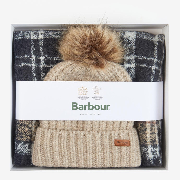 Barbour Ladies Saltburn Beanie and Tartan Scarf Gift Set