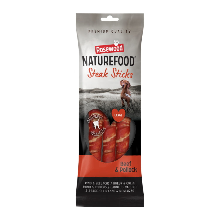 Rosewood Naturefood Dog Treats - Large Steak Sticks - Beef 3pc 240g