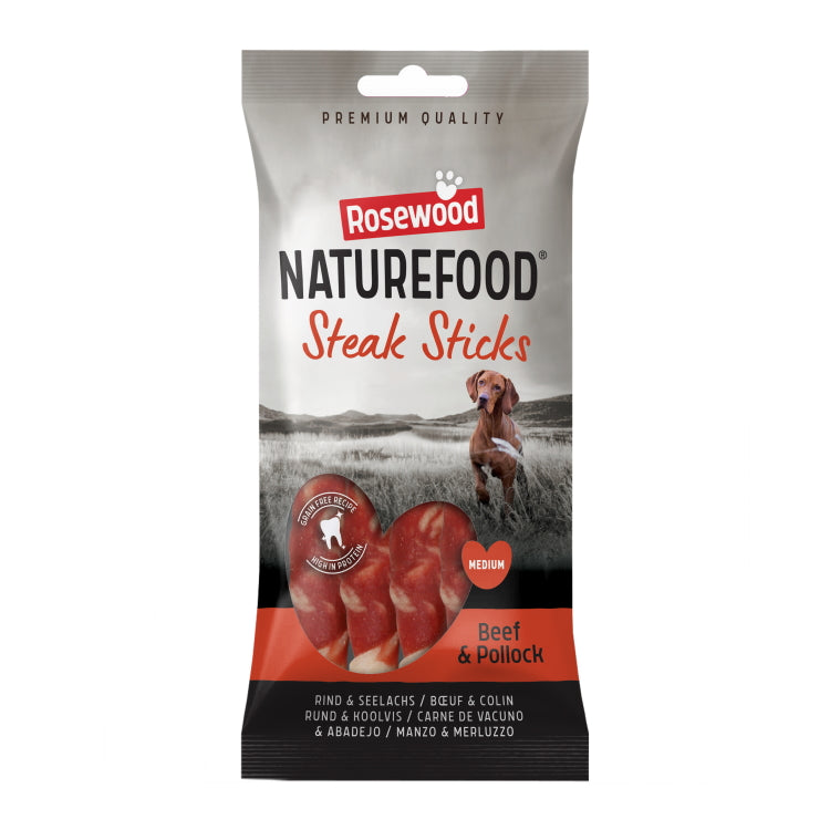 Rosewood Naturefood Dog Treats - Medium Steak Sticks - Beef 4pc 90g